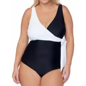 Raisins Curve Plus Size Faux Wrap One Piece Swimsuit Black White 20W New